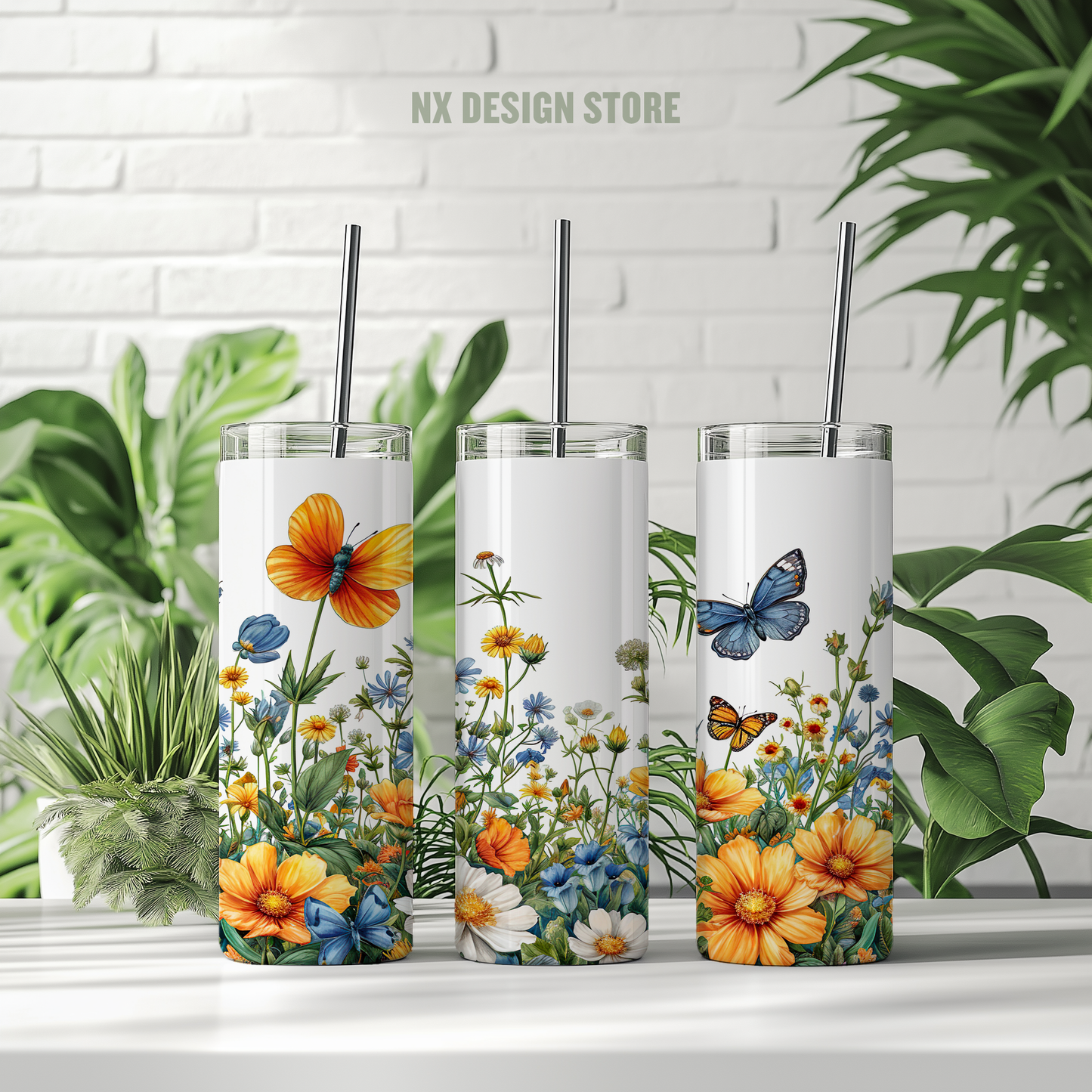 Flowers and Butterflies - Skinny Tumbler with Straw