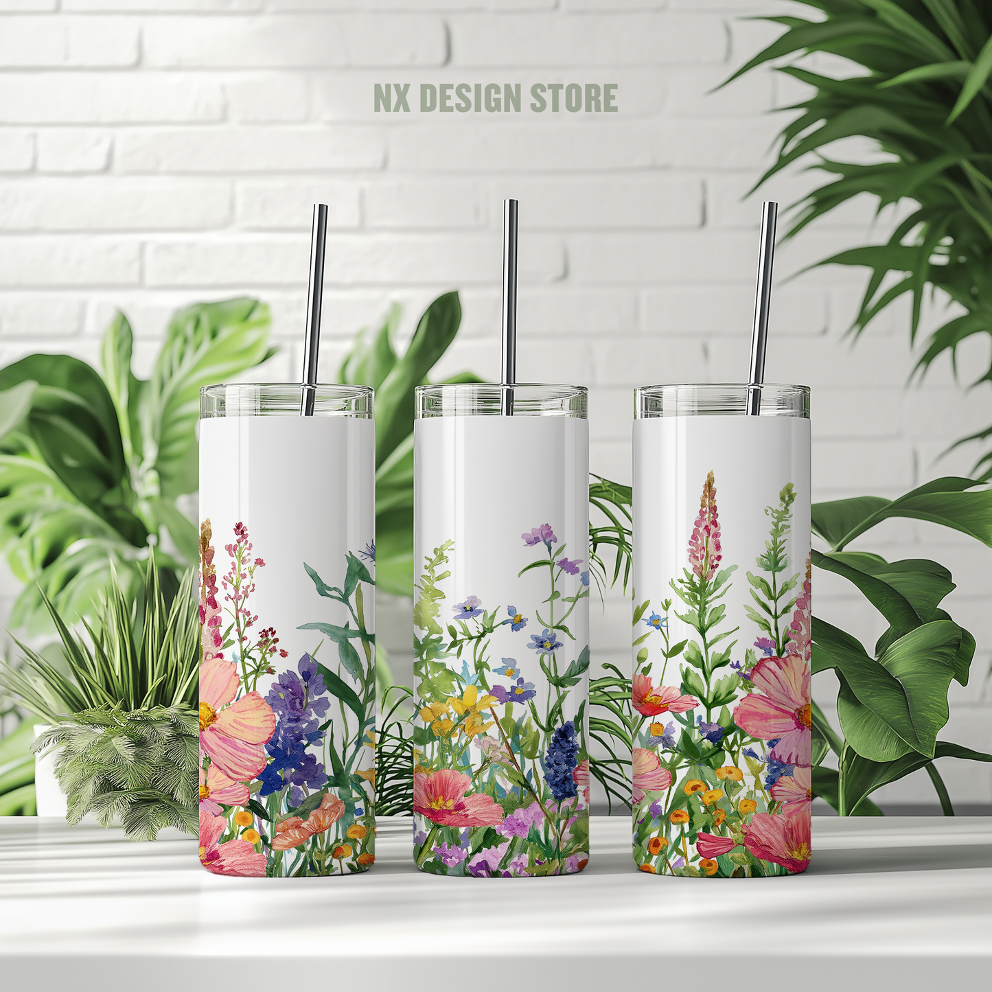 Colorful Flowers - Skinny Tumbler with Straw