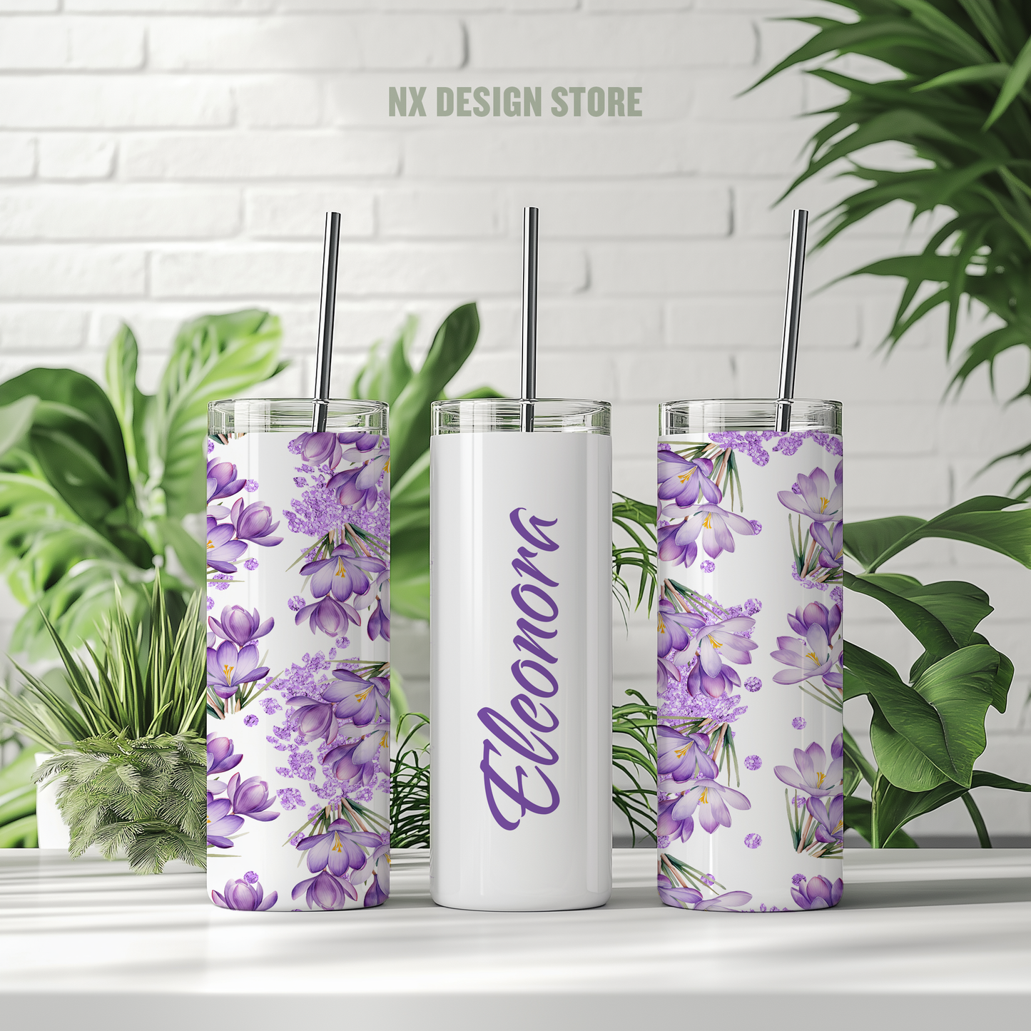 Purple Flowers - Skinny Tumbler with Straw
