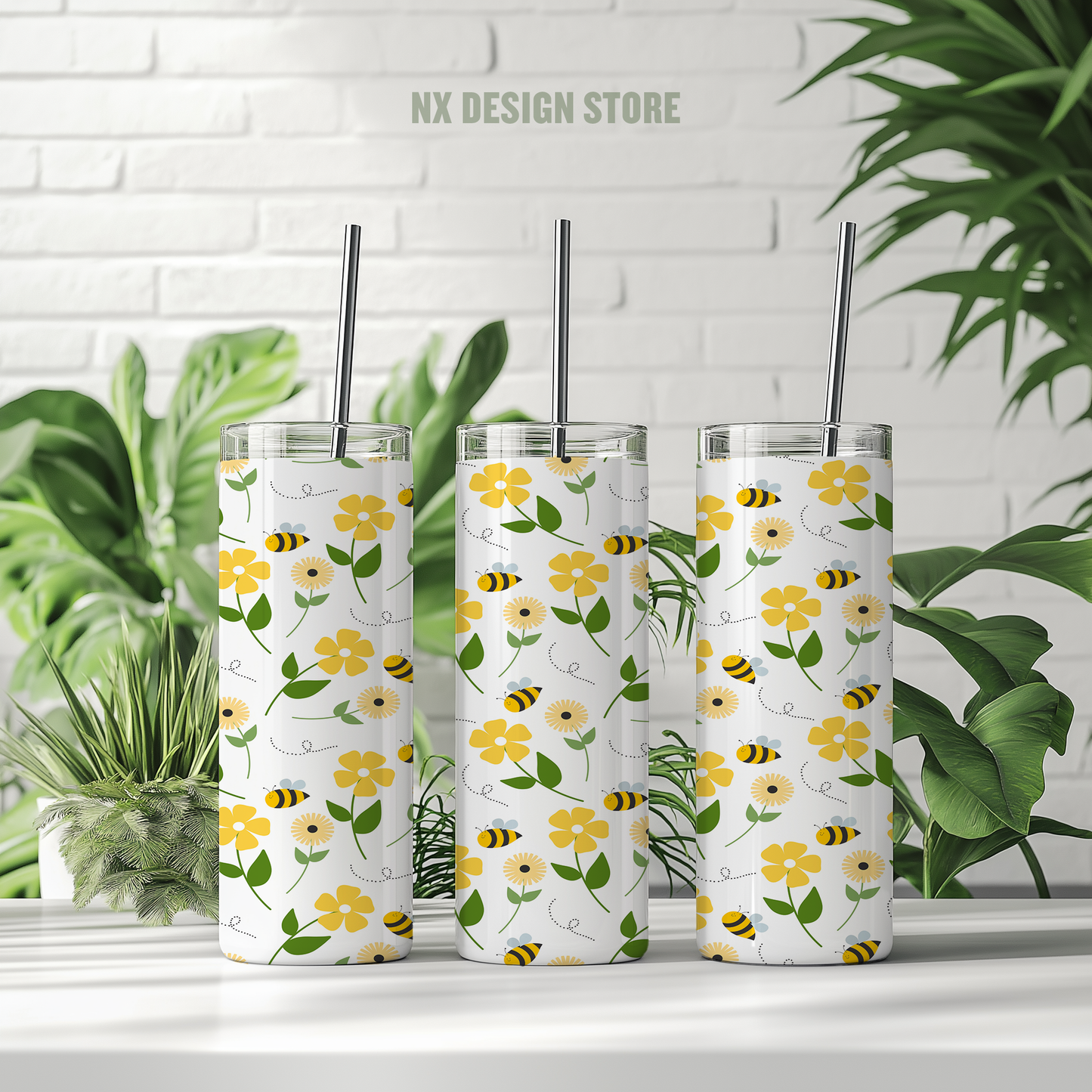 Yellow Flowers & Bees - Skinny Tumbler with Straw