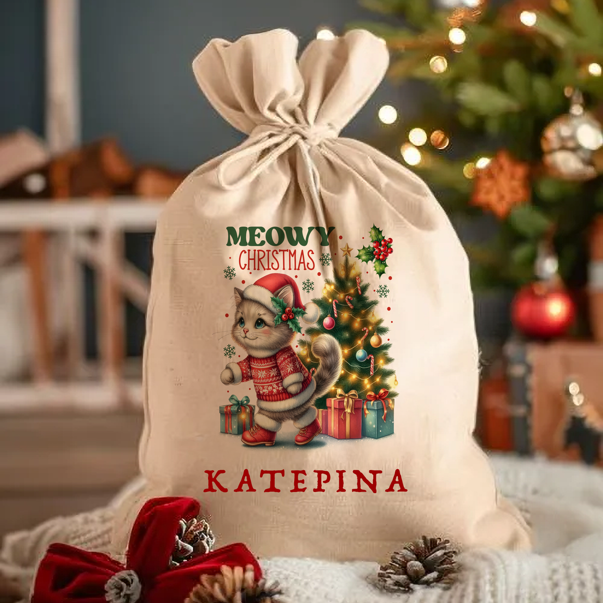 Meowy Christmas - Christmas Drawstring Sack