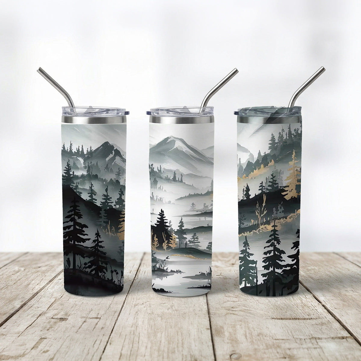 Misty Forest Mountains - Skinny Tumbler with Straw