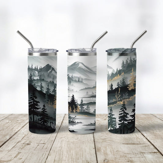 Misty Forest Mountains - Skinny Tumbler with Straw
